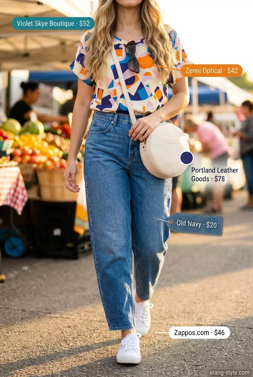 Summer barrel leg jeans outfits for women 2026: Light wash jeans with abstract print blouse, cat-eye sunglasses, and crossbody bag.