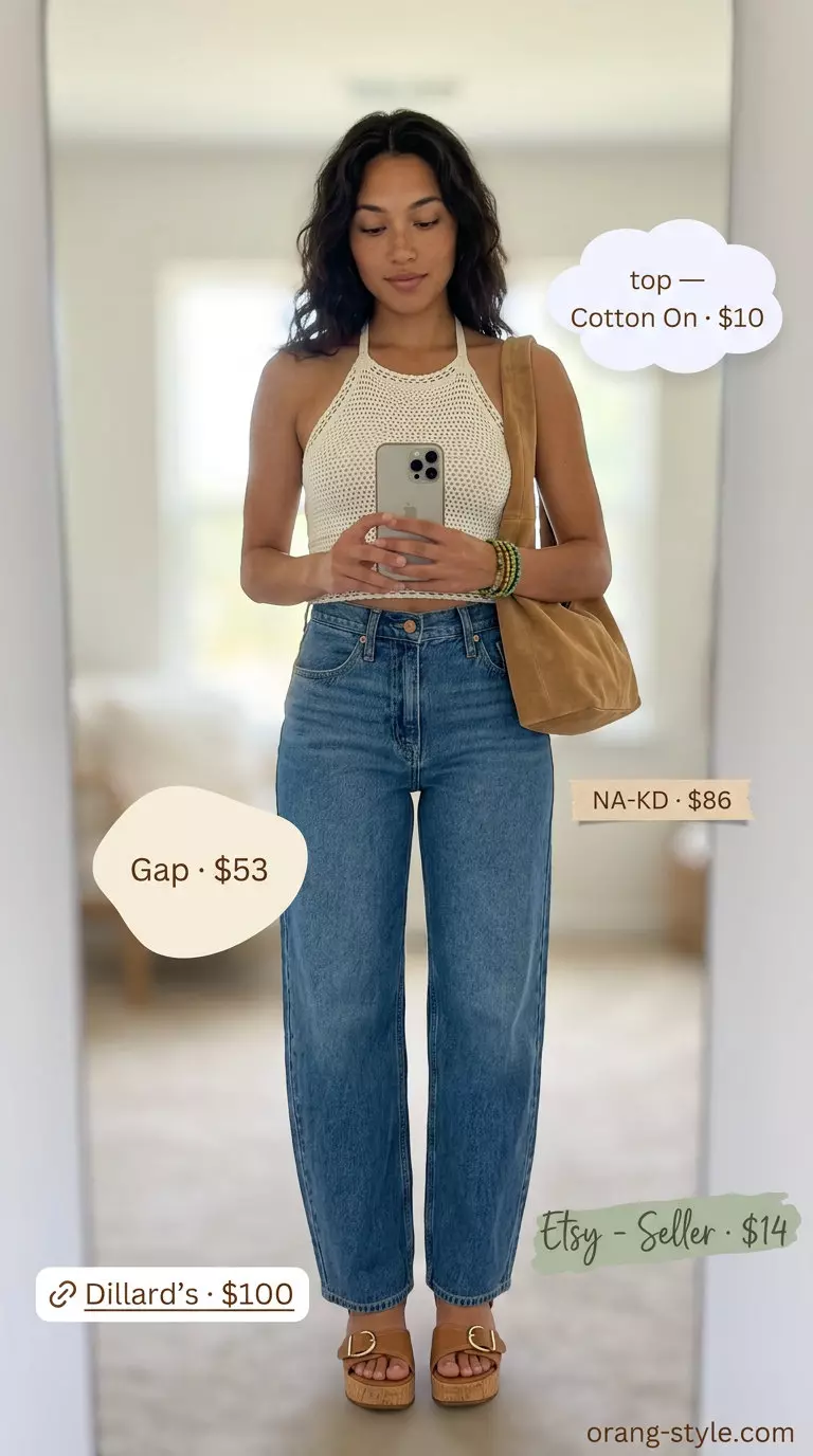 Retro cream crochet halter top with medium wash barrel leg jeans for women 2026 festival outfits.
