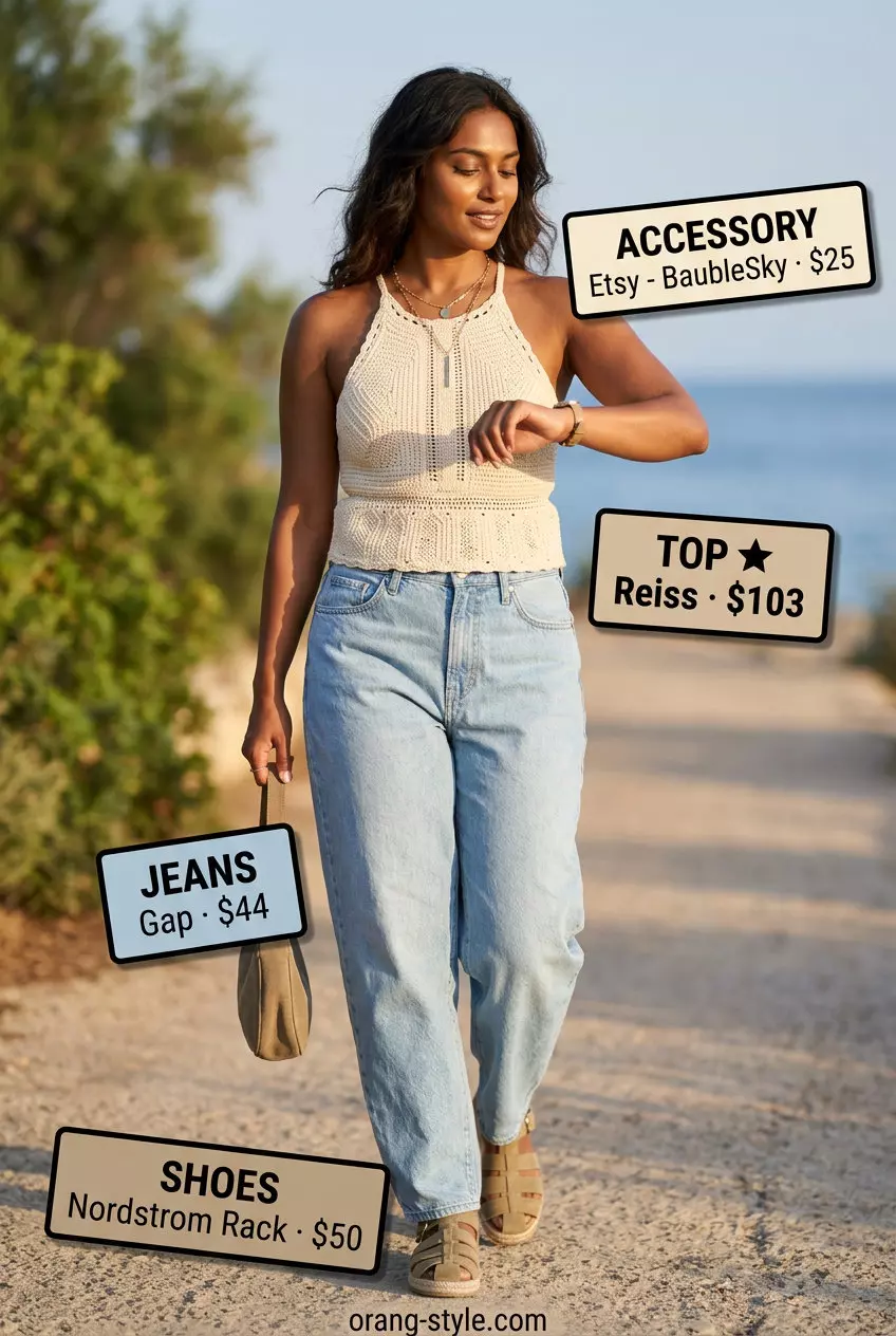 Bohemian cream crochet top with light wash barrel leg jeans for summer 2026 beach day outfits.