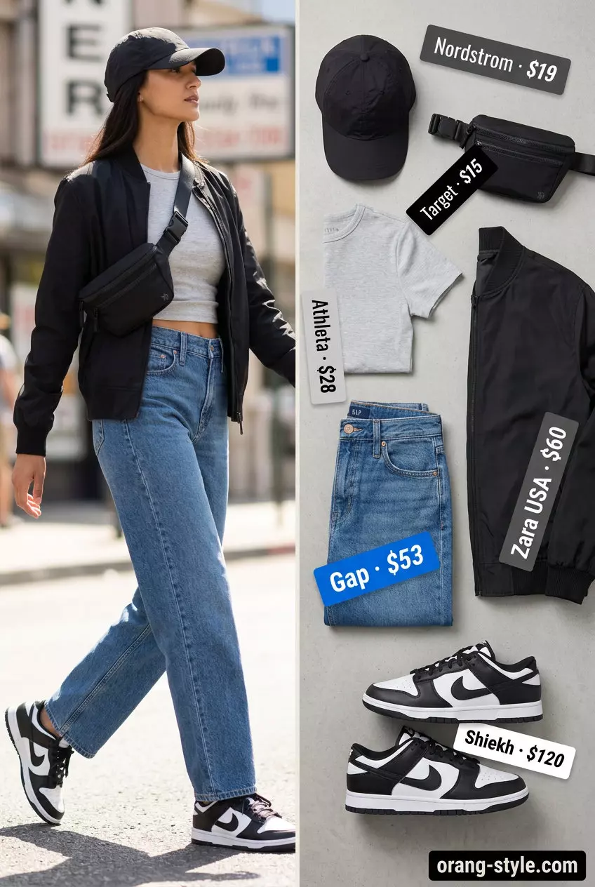Summer barrel leg jeans outfits for women 2026: Blue jeans with athletic crop top, bomber jacket, and sneakers for sporty style.