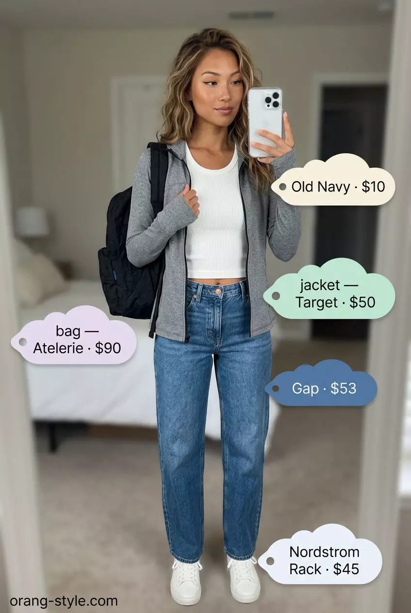 Sporty grey track jacket over white tank and blue barrel leg jeans for women 2026 casual outfits.