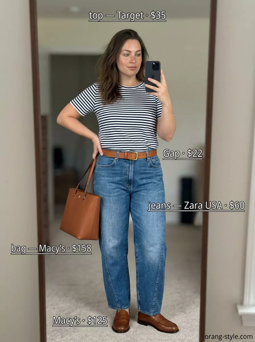 Summer barrel leg jeans outfits for women 2026: Medium blue jeans with striped tee, leather belt, loafers, and tote bag for everyday casual.