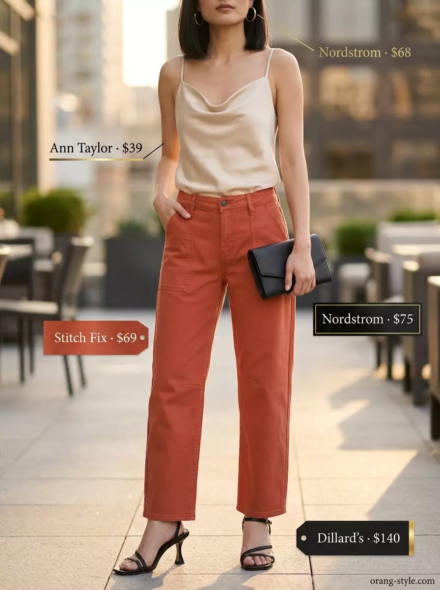 Sophisticated terracotta orange barrel leg jeans outfit for women 2026 with satin cami and heels.