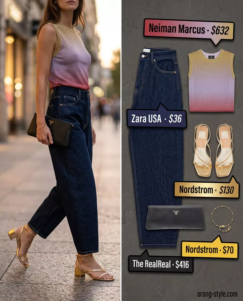 Summer barrel leg jeans outfits for women 2026: Dark wash jeans with sunset gradient tank top and metallic sandals.