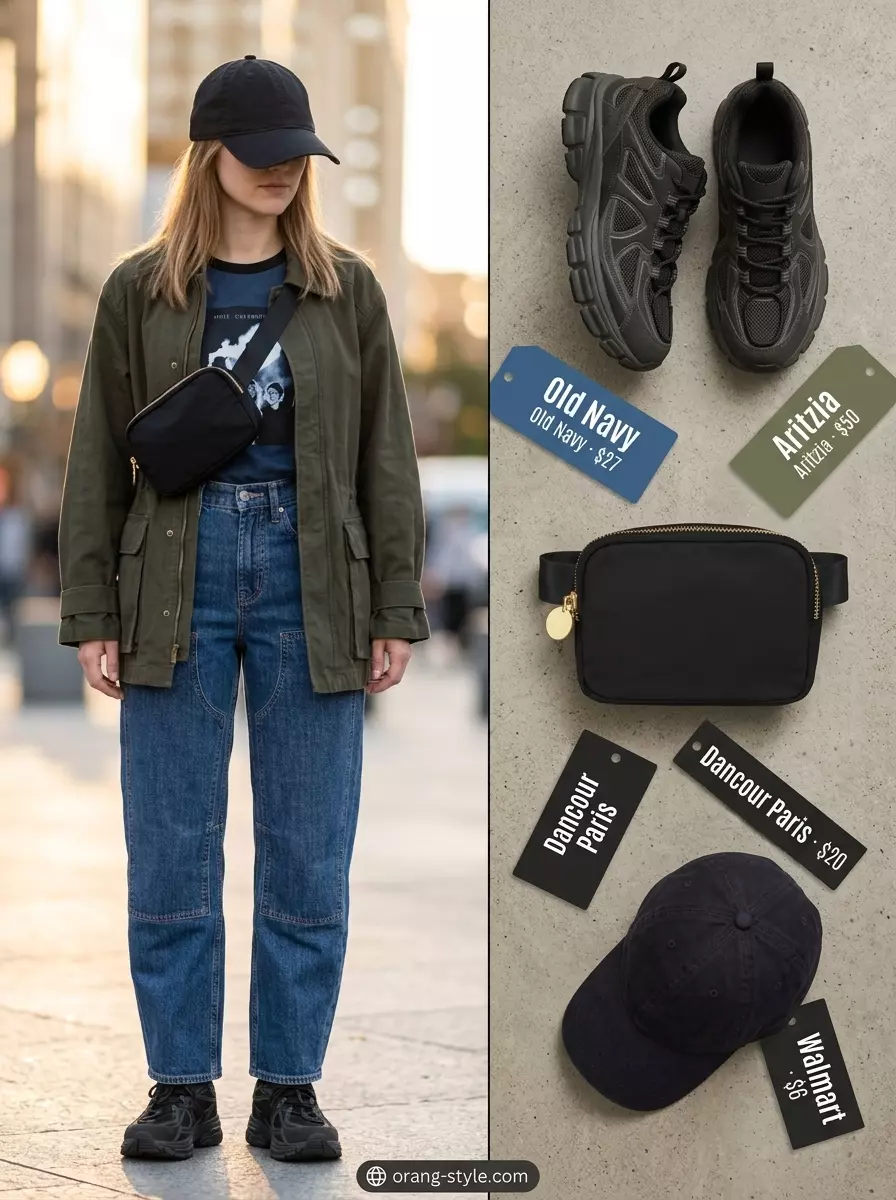 Summer barrel leg jeans outfits for women 2026: Cargo barrel jeans with utility jacket, graphic tee, and chunky sneakers.