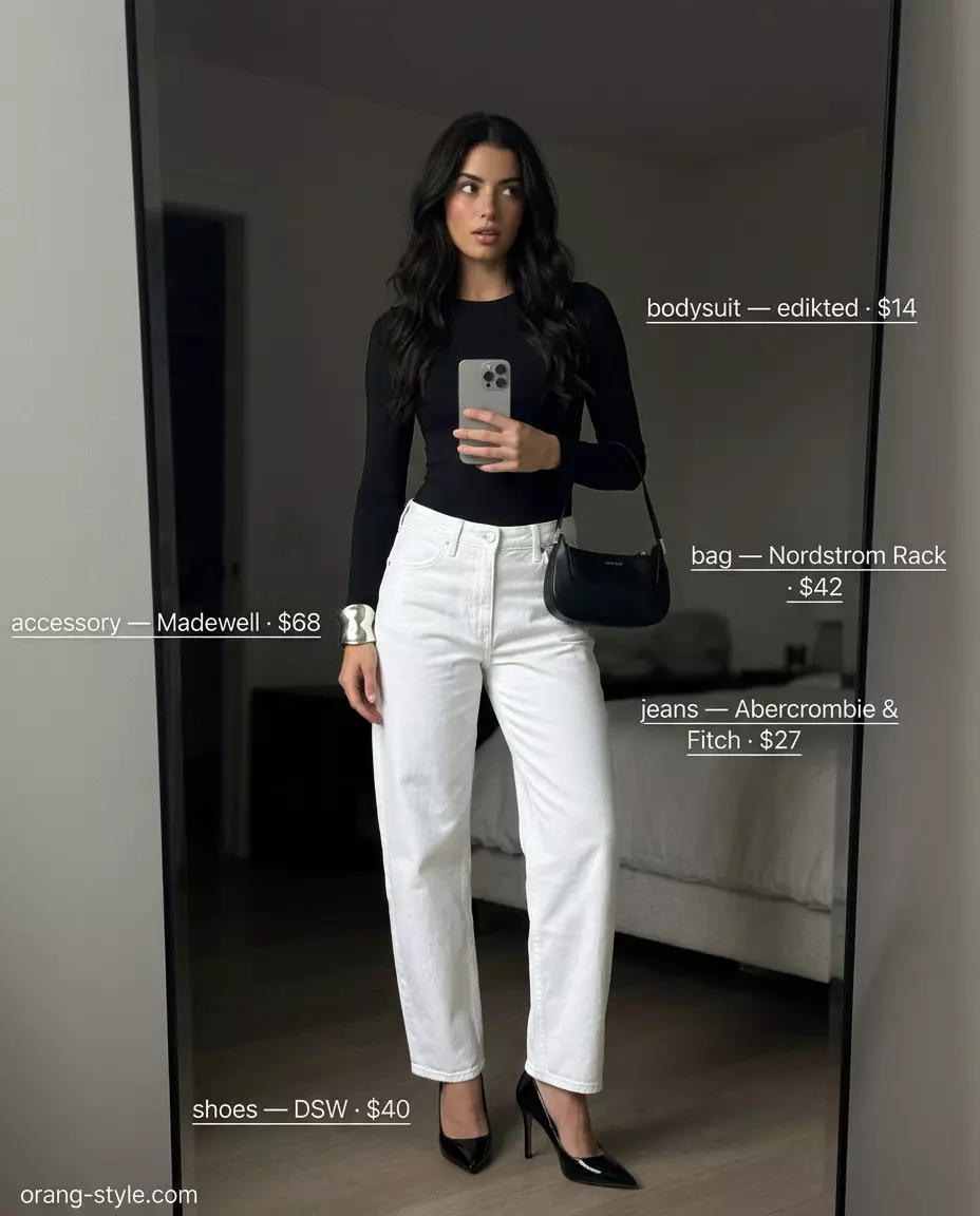Summer barrel leg jeans outfits for women 2026: Chic white jeans with black bodysuit, pointed heels, and silver jewelry.