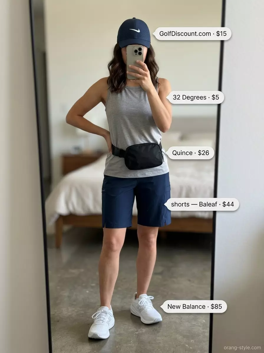 Summer Bermuda shorts outfits for women 2026: Navy athletic shorts, grey tank, white sneakers for an active day.