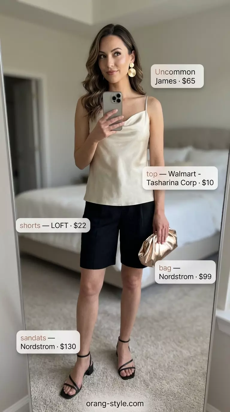 Summer Bermuda shorts outfits for women 2026: Black tailored shorts, champagne camisole, gold accessories for evening.