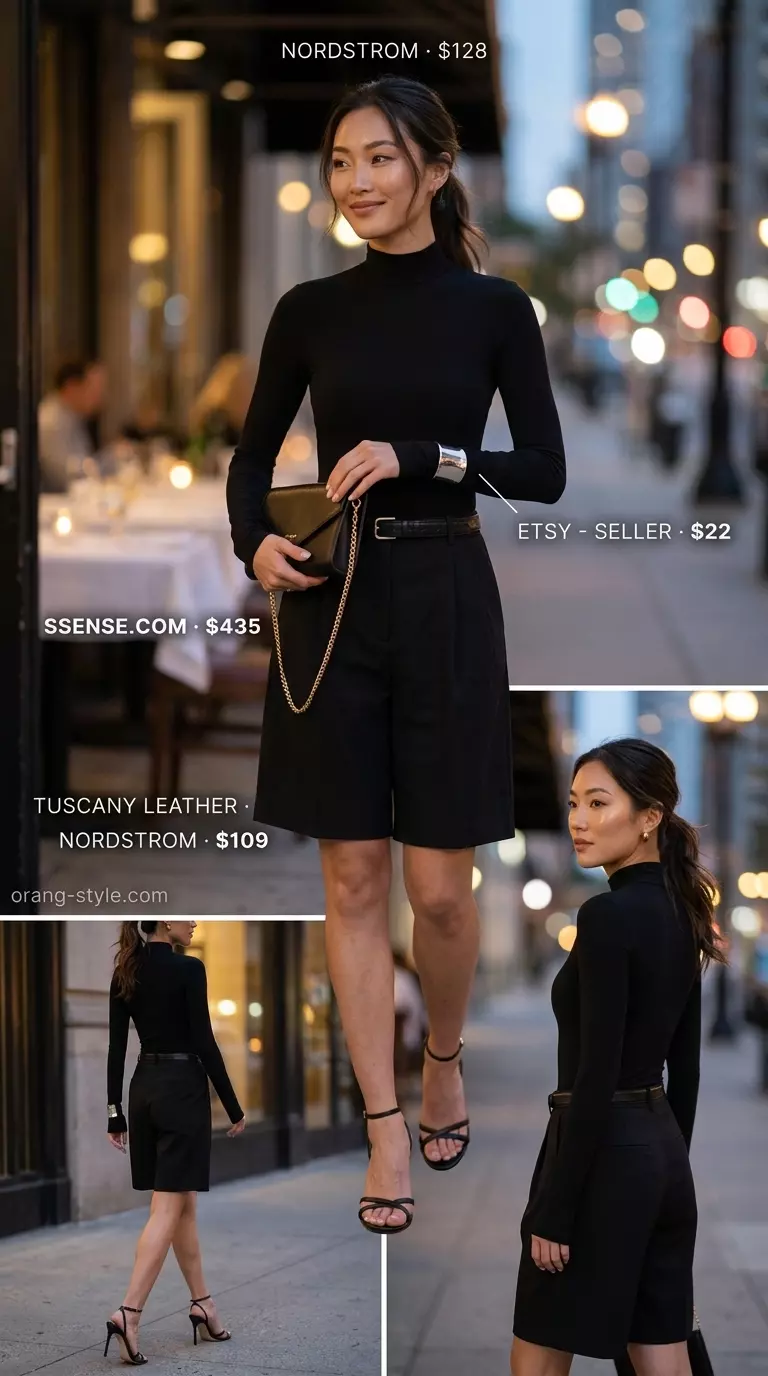 Summer Bermuda shorts outfits for women 2026: Black tailored shorts, black bodysuit, heeled sandals for evening.