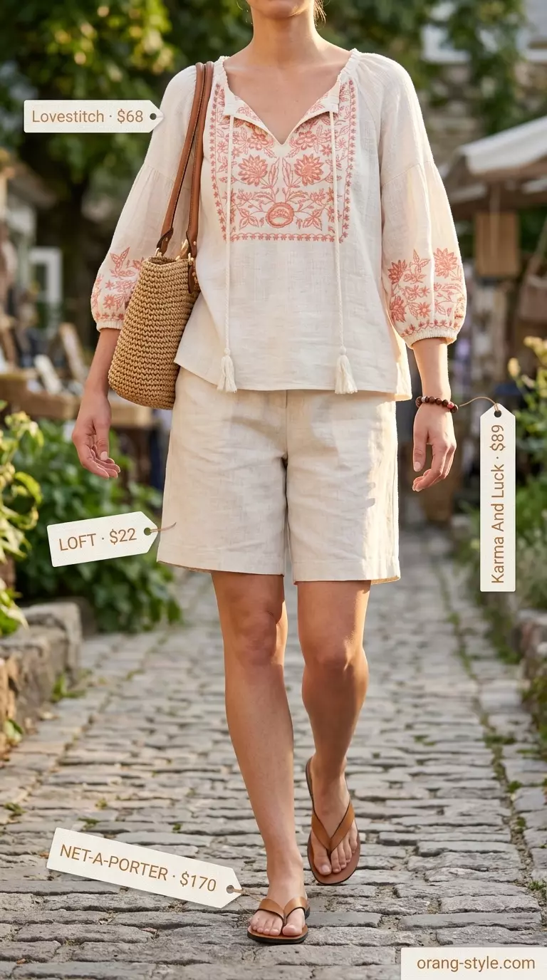 Bohemian Summer Bermuda Shorts Outfits for Women 2026: Ecru shorts, embroidered blouse, straw tote, sandals.
