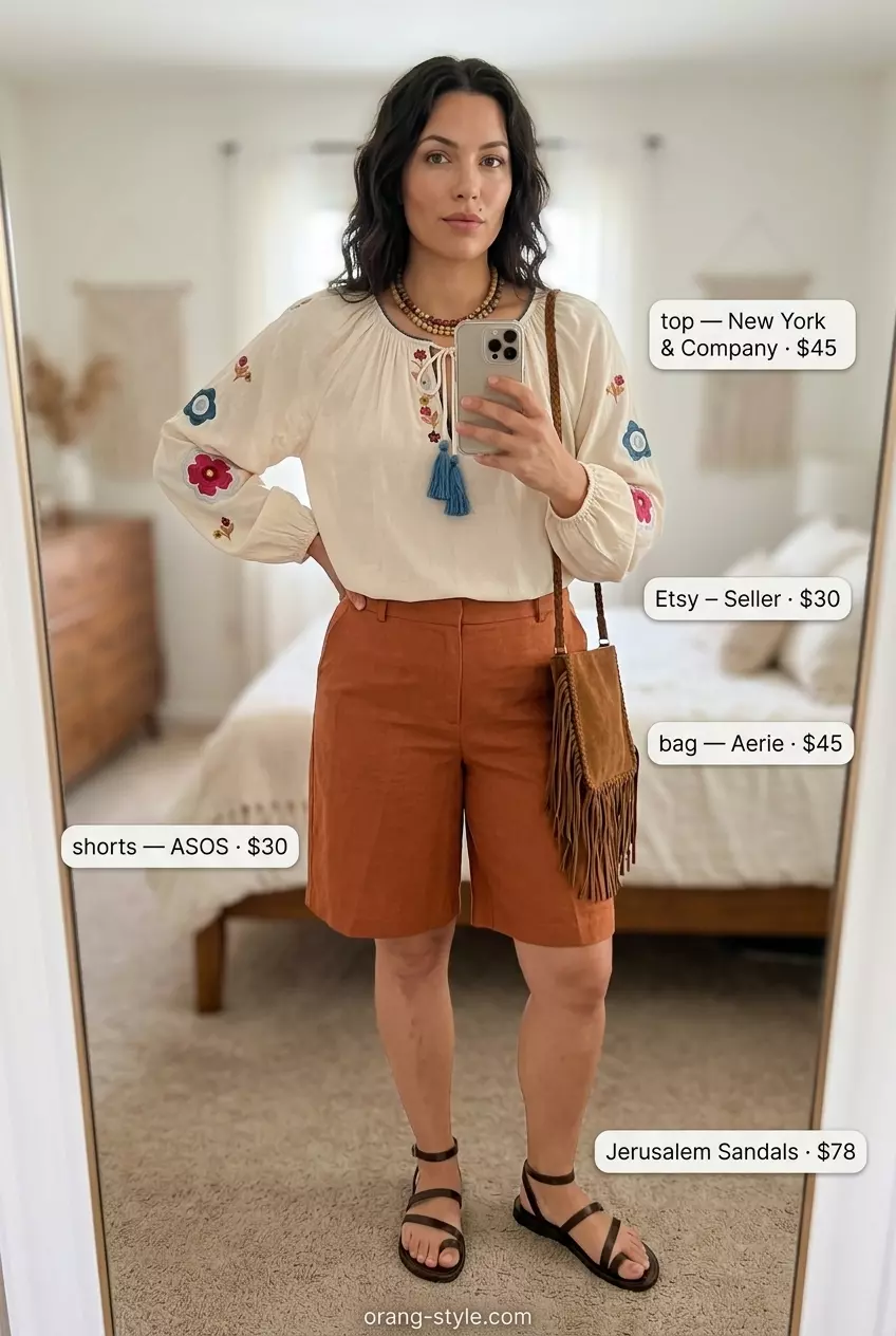 Summer Bermuda shorts outfits for women 2026: Terracotta linen shorts, embroidered blouse, suede bag, and leather sandals for boho style.