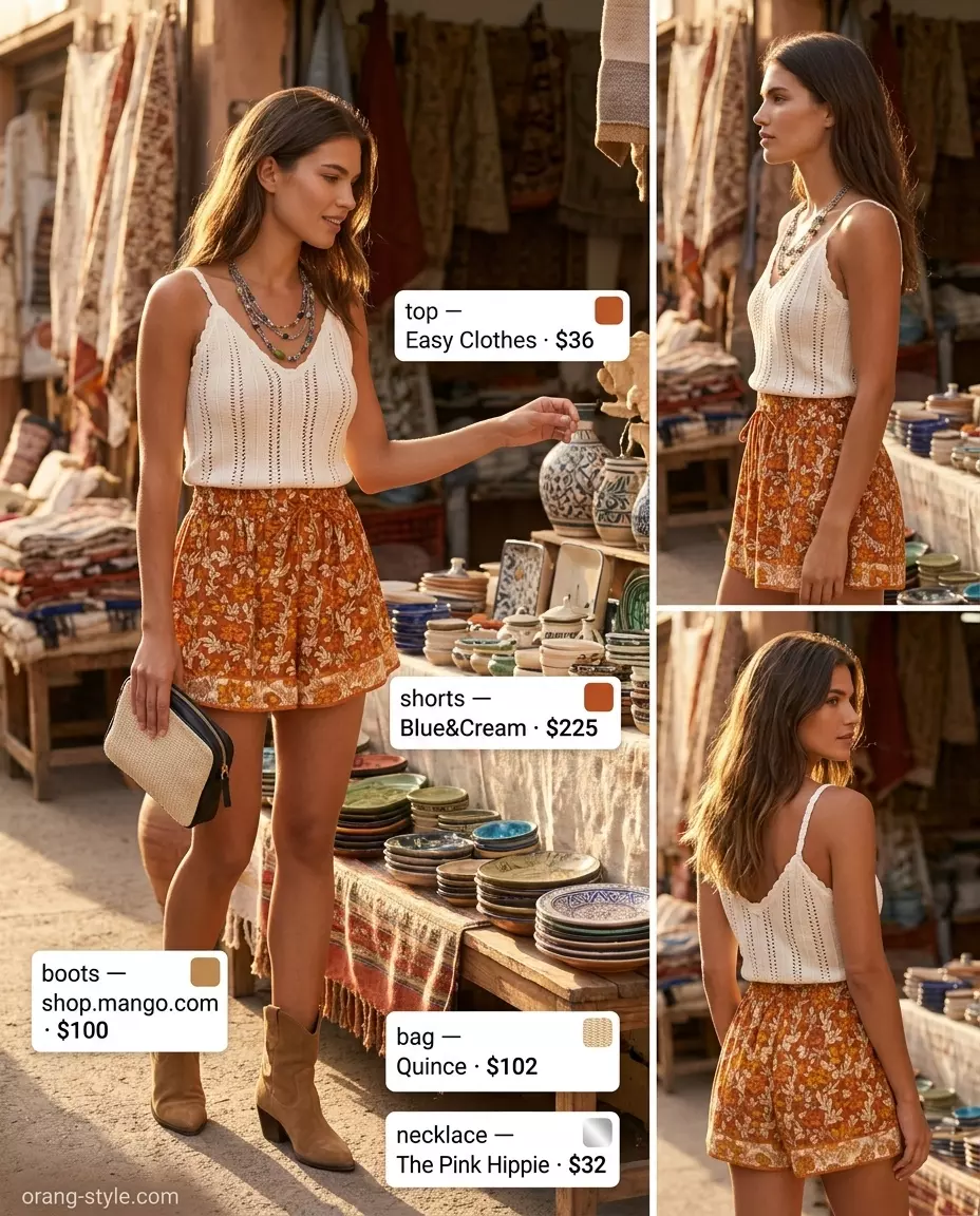 Summer Bermuda shorts outfits for women 2026: Floral print shorts, crochet top, suede boots, and layered necklaces for a boho look.