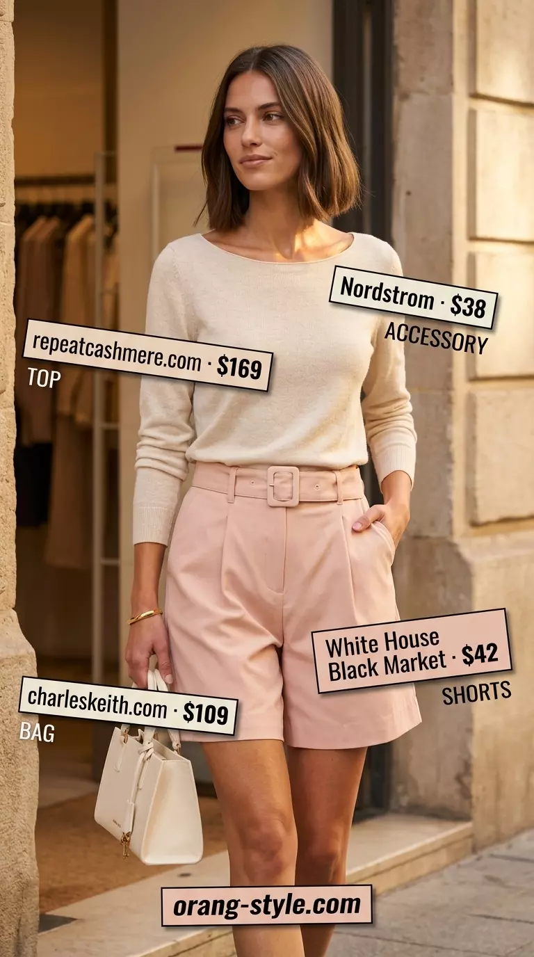 Chic Summer Bermuda Shorts Outfits for Women 2026: Blush pink shorts, cream sweater, block heels. Brunch outfit.