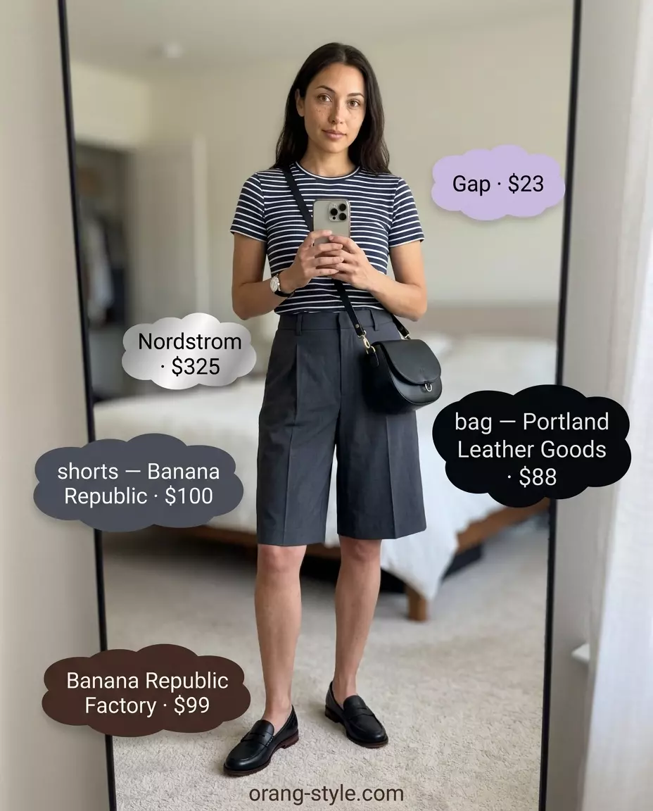 Summer Bermuda shorts outfits for women 2026: Charcoal shorts, navy stripe top, loafers, and crossbody for casual office.
