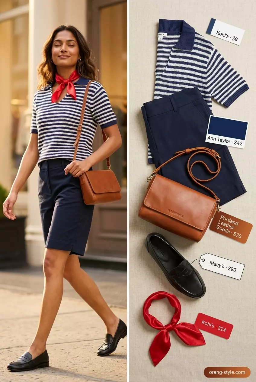 Summer Bermuda shorts outfits for women 2026: Navy Bermuda shorts, striped knit top, loafers, and scarf for city sightseeing.