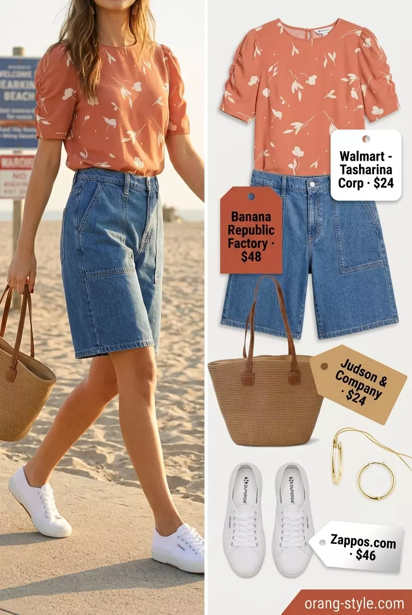 Summer Bermuda shorts outfits for women 2026: Denim shorts, floral blouse, canvas sneakers, and straw tote for coastal style.