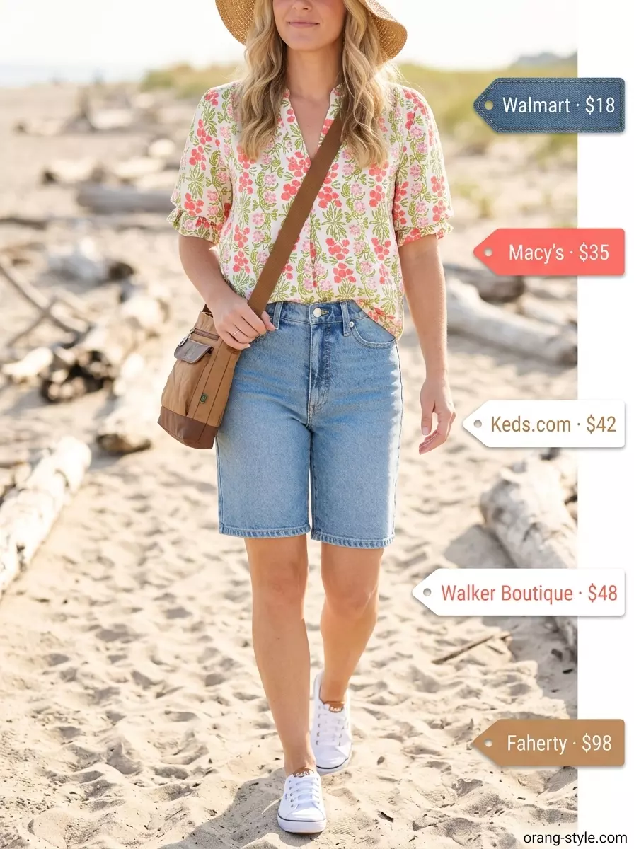 Summer Bermuda shorts outfits for women 2026: Light wash denim shorts, floral blouse, canvas sneakers, and straw hat for coastal exploration.