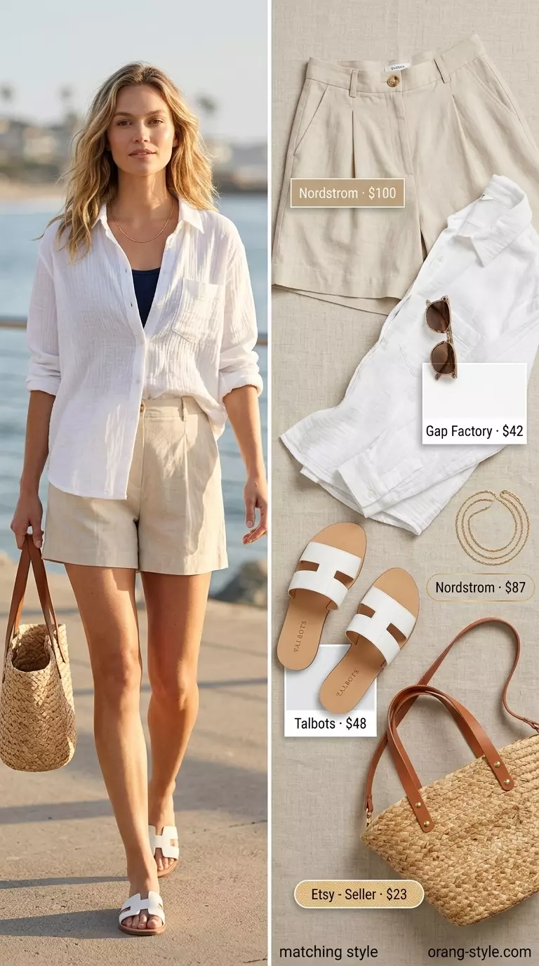 Summer Bermuda shorts outfits for women 2026: Beige linen shorts, white oversized shirt, straw tote for coastal vibes.