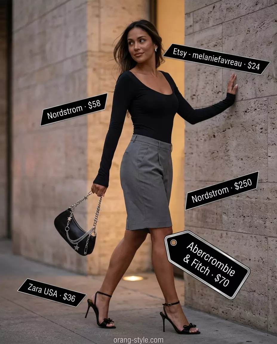 Sophisticated Summer Bermuda Shorts Outfits for Women 2026: Grey shorts, black bodysuit, heeled sandals. Evening style.
