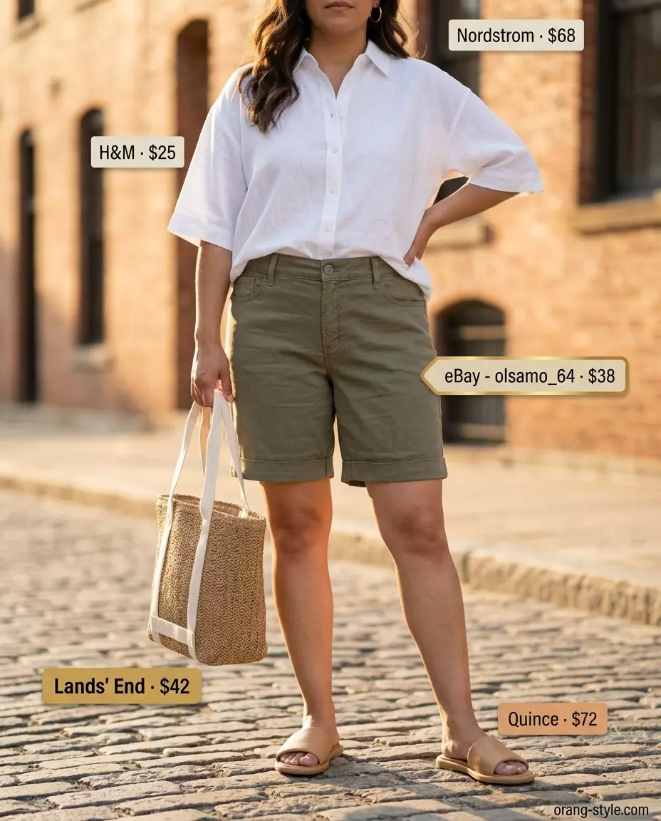 Summer Bermuda shorts outfits for women 2026: Olive green shorts, white linen shirt, tan slides for weekend chic.
