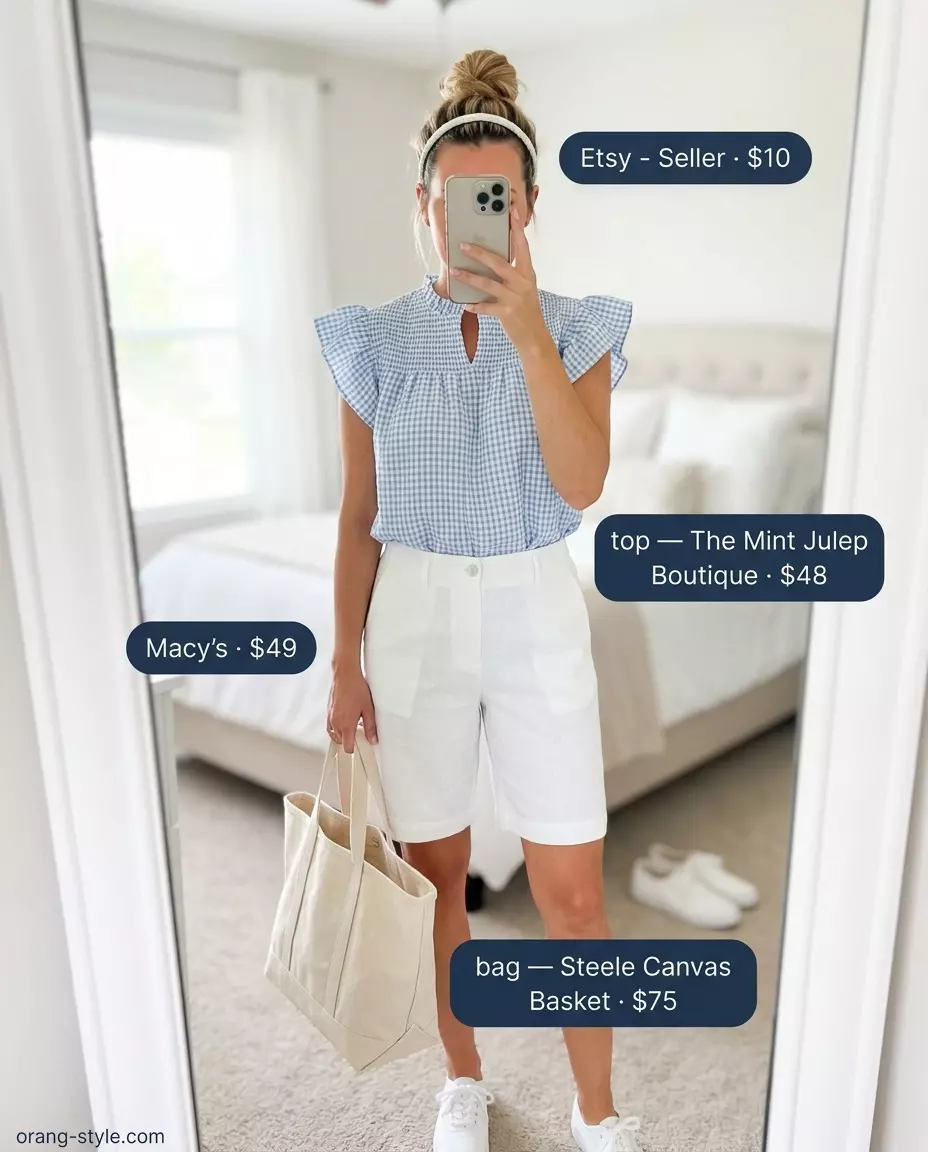Summer Bermuda shorts outfits for women 2026: White linen shorts, gingham top, espadrilles, and canvas tote for picnic.