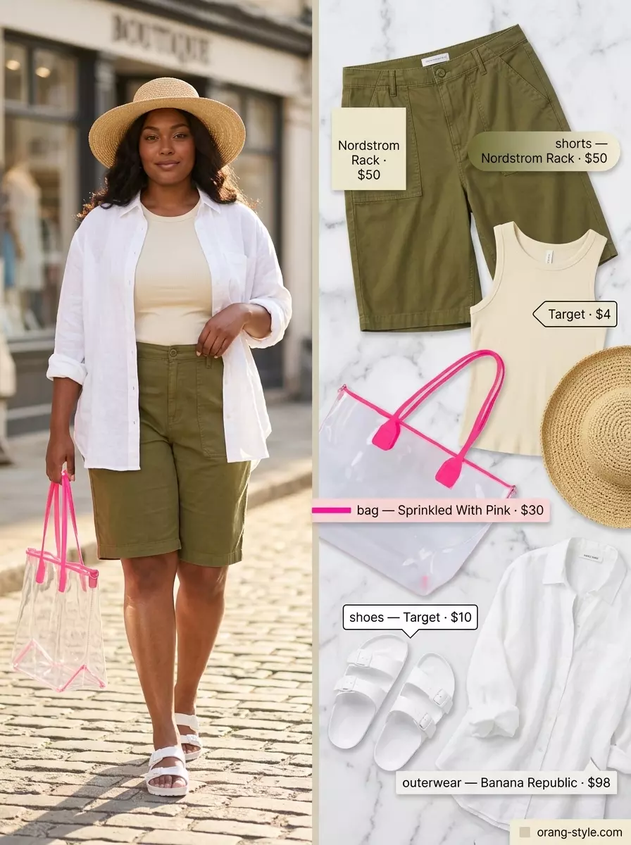 Summer Bermuda shorts outfits for women 2026: Olive green flowy shorts, cream tank, white linen shirt for poolside.