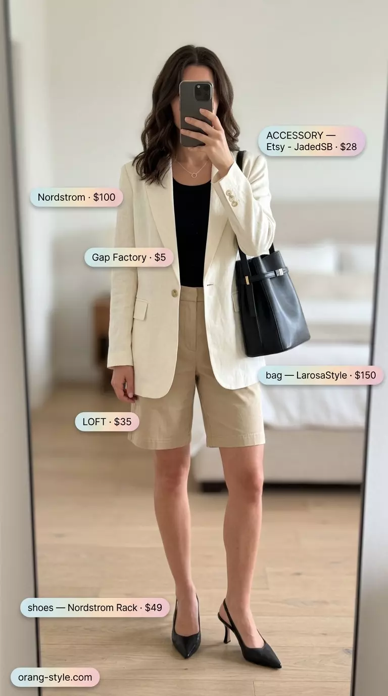Smart Casual Summer Bermuda Shorts Outfits for Women 2026: Beige shorts, white blazer, black tank & heels.