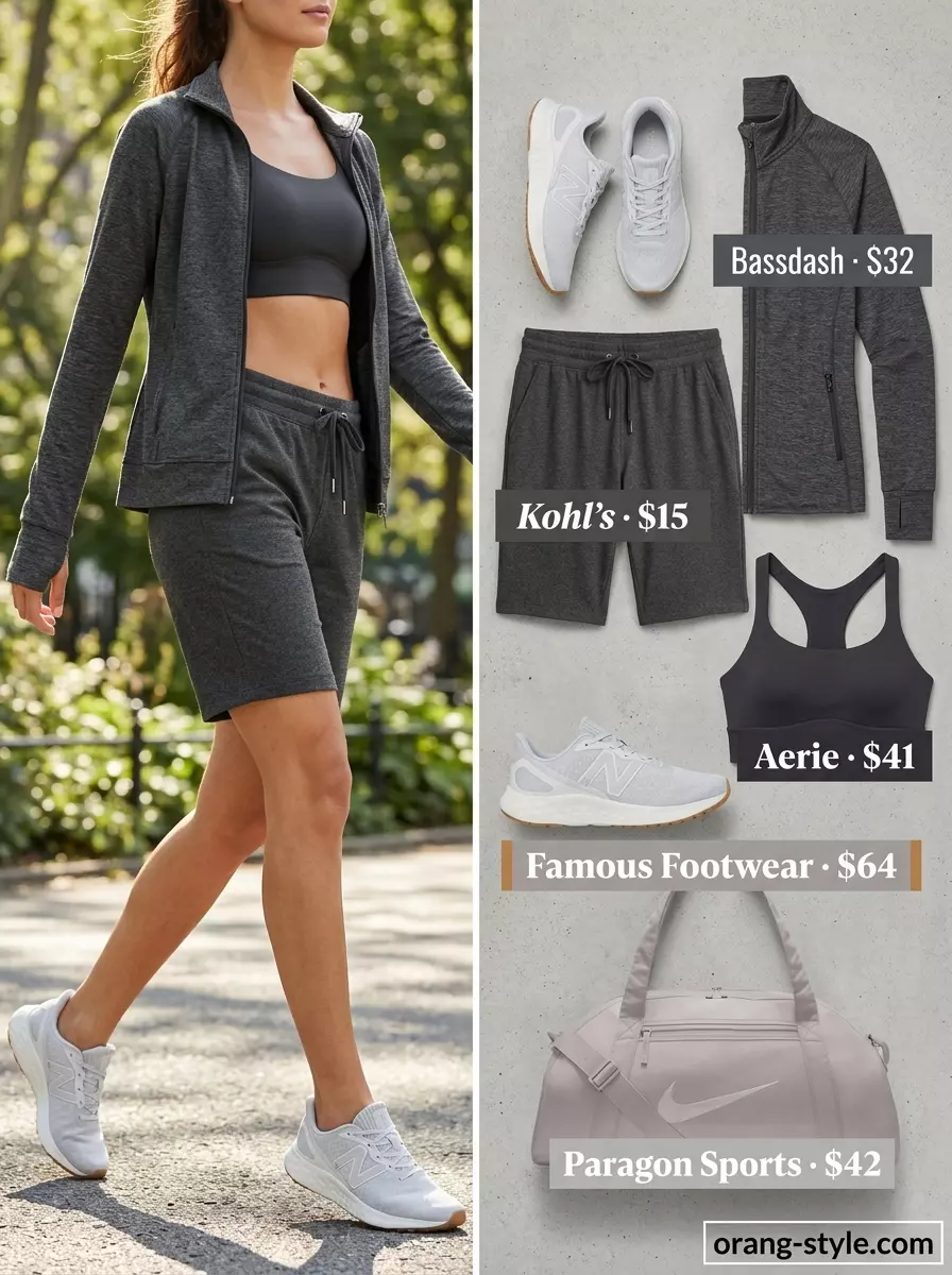 Sporty Summer Bermuda Shorts Outfits for Women 2026: Grey shorts, grey jacket, sports bra, sneakers. Athleisure style.