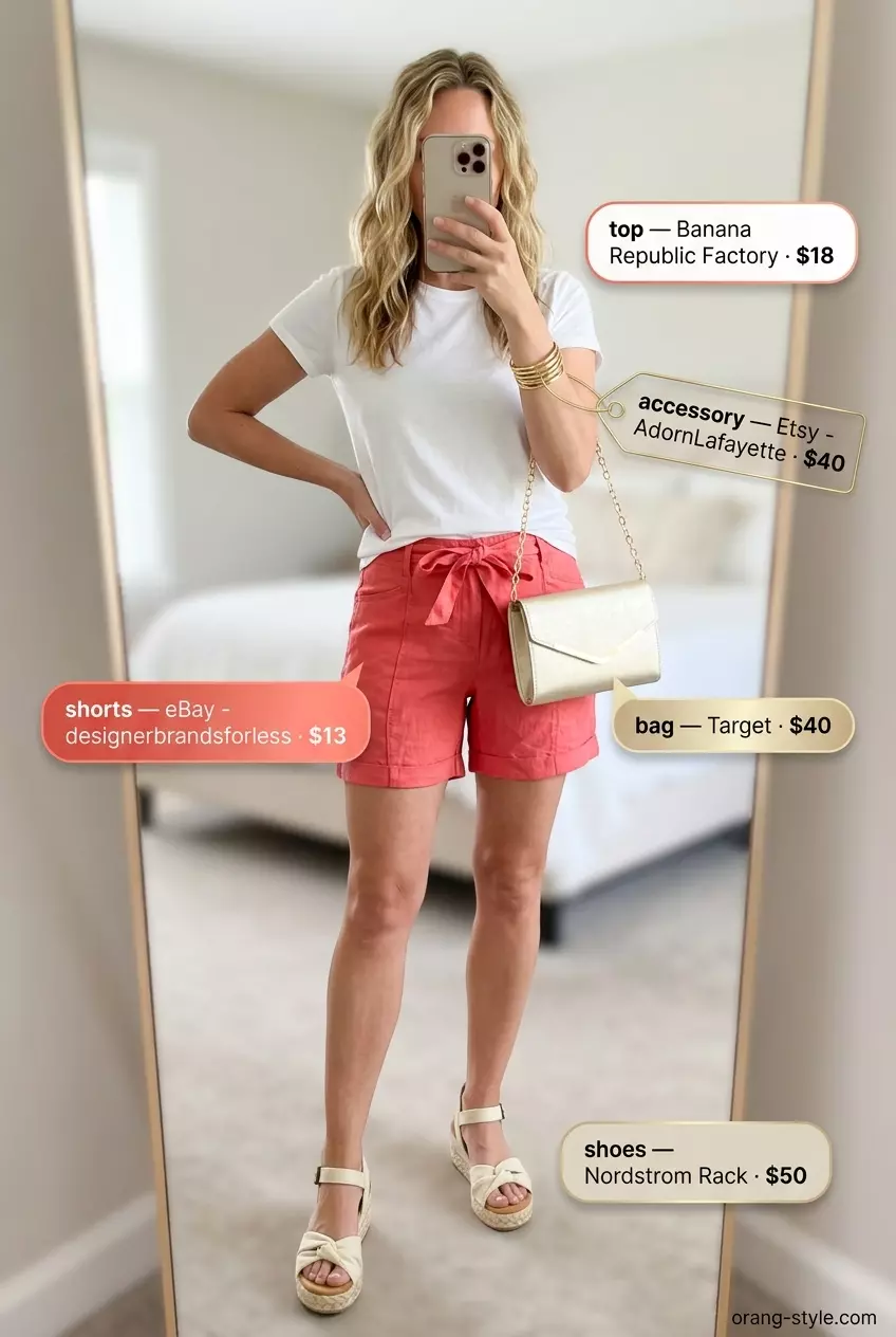 Summer Bermuda shorts outfits for women 2026: Coral linen shorts, white tee, espadrilles, and gold bangles for a sunset cruise.