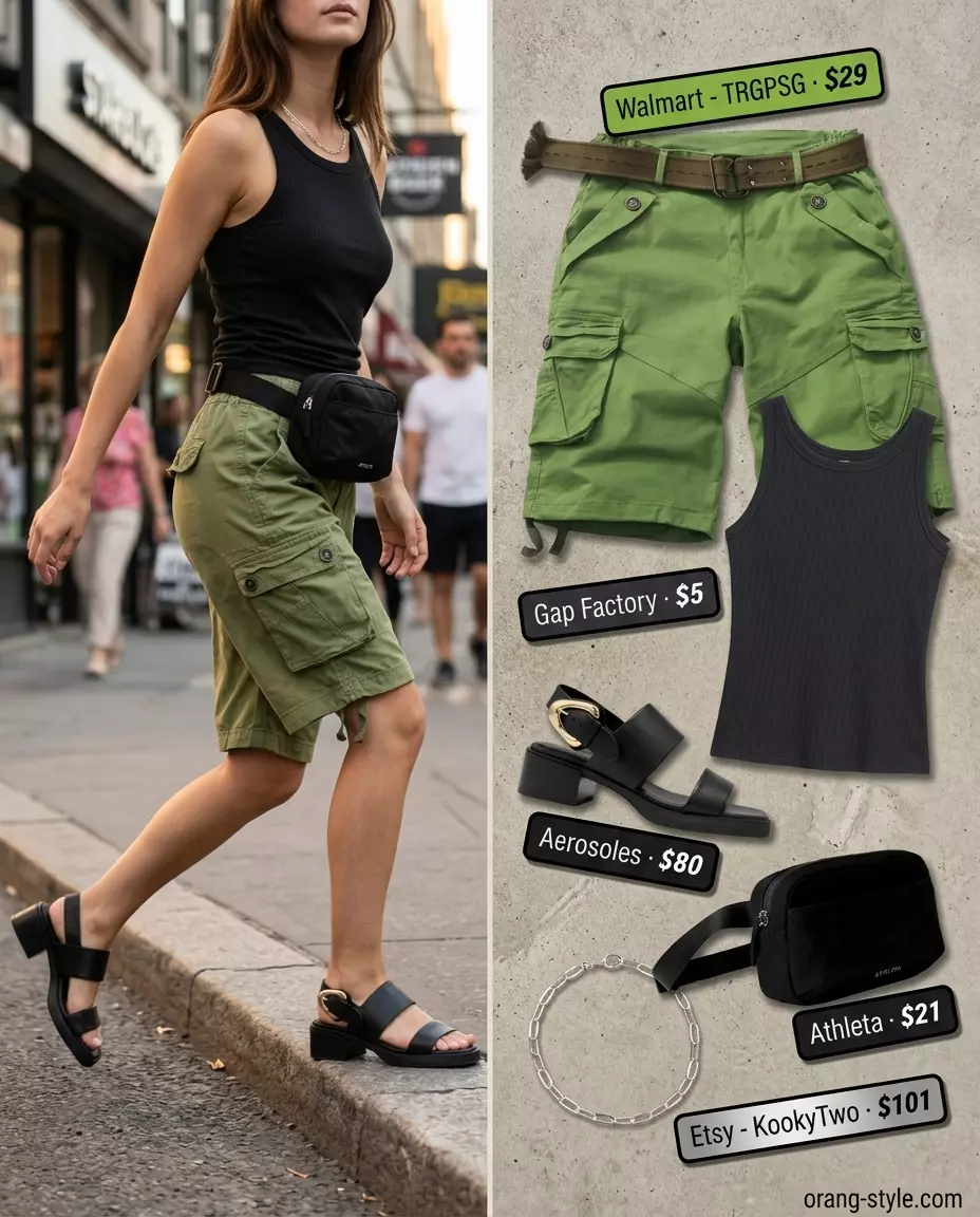 Edgy Summer Bermuda Shorts Outfits for Women 2026: Olive cargo shorts, black tank, belt bag, heeled sandals.