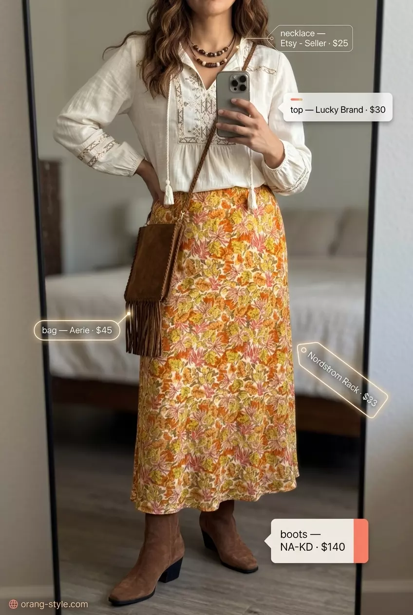 Summer Bias Cut Skirt Outfits for Women 2026: Rust floral bias skirt, peasant blouse, and suede boots for boho style.