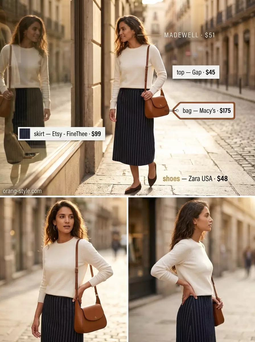 Summer Bias Cut Skirt Outfits for Women 2026: Navy pinstripe bias skirt, cream sweater, and ballet flats for casual Friday.