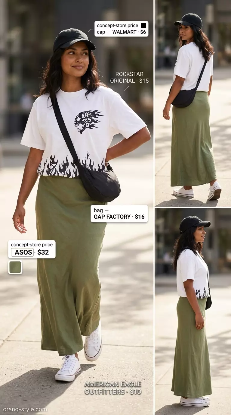 Summer Bias Cut Skirt Outfits for Women 2026: Olive green bias skirt, graphic tee, sneakers, and cap for casual weekend.