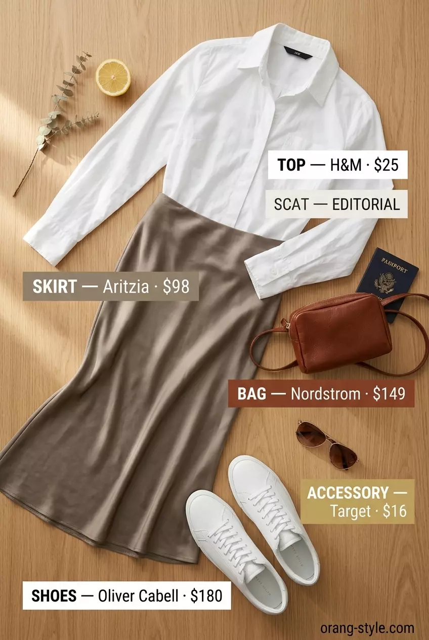Summer Bias Cut Skirt Outfits for Women 2026: Beige bias maxi skirt, oversized white shirt, and leather belt bag for smart casual.
