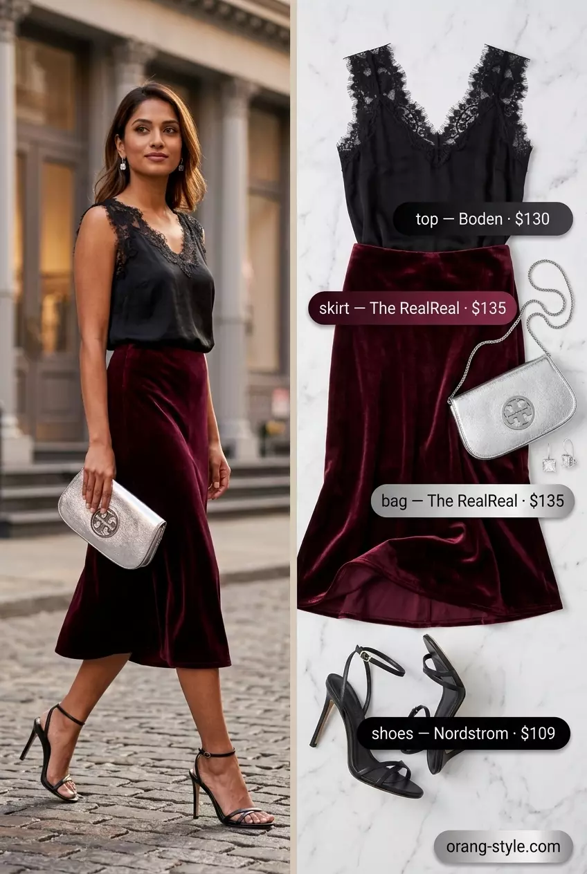 Summer Bias Cut Skirt Outfits for Women 2026: Black satin bias skirt, lace cami, and stiletto heels for evening.