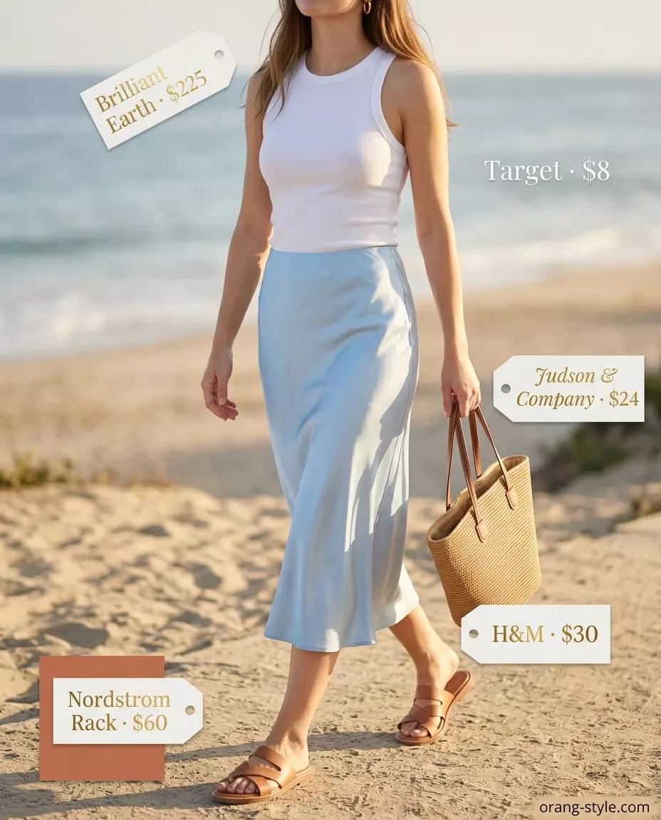 Summer Bias Cut Skirt Outfits for Women 2026: Sky blue bias skirt, white ribbed tank, straw tote, and leather slides for beach day.