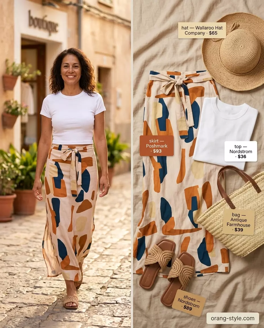 Summer Bias Cut Skirt Outfits for Women 2026: Abstract print bias skirt, white crop top, straw hat, and sandals for vacation.
