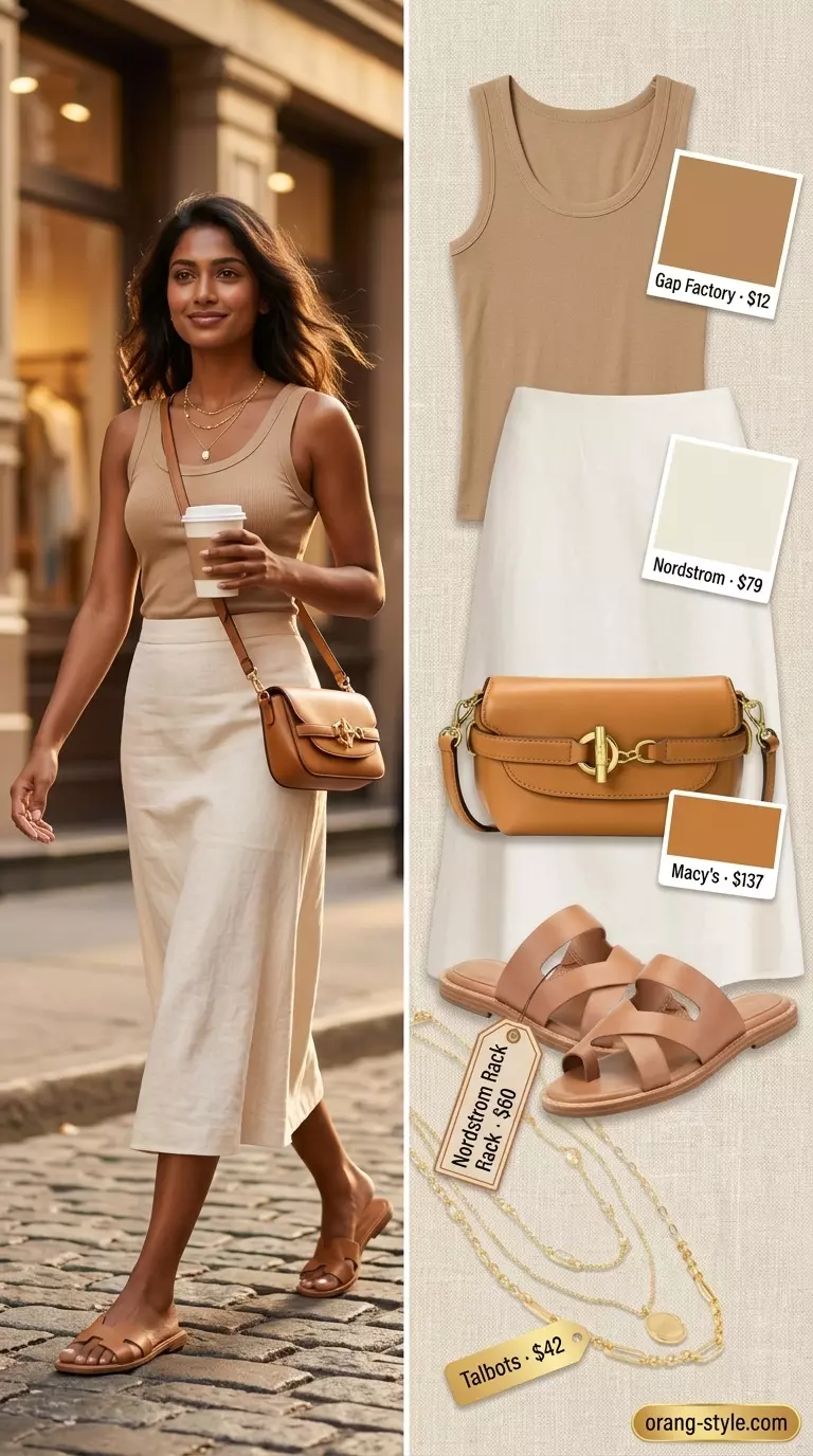 Summer Bias Cut Skirt Outfits for Women 2026: Cream bias skirt, ribbed tank, crossbody bag, and flat slides for daytime casual.