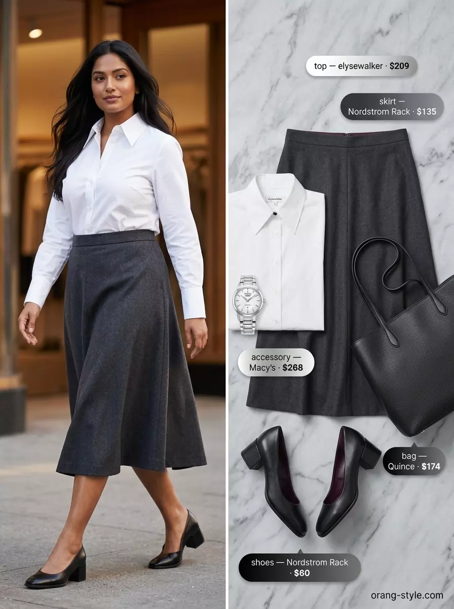 Summer Bias Cut Skirt Outfits for Women 2026: Charcoal grey bias skirt, white shirt, and block heels for office wear.