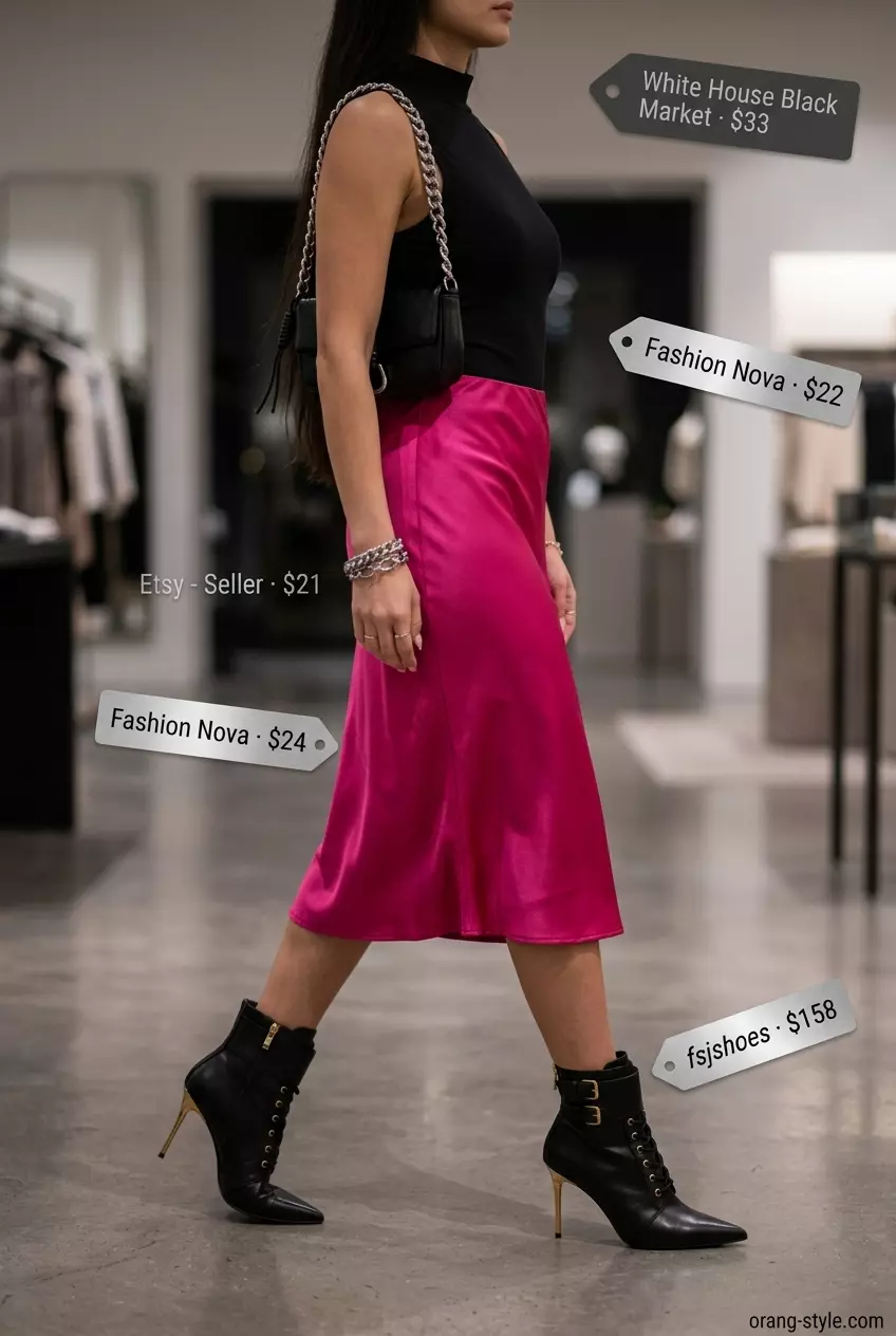 Bold statement summer bias cut skirt outfit with fuchsia skirt, black top, heeled boots.