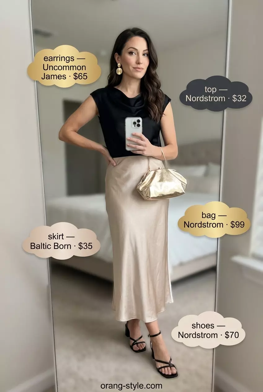 Glamorous champagne satin bias cut midi skirt outfit for women 2026, with a black cowl neck top and gold accessories.