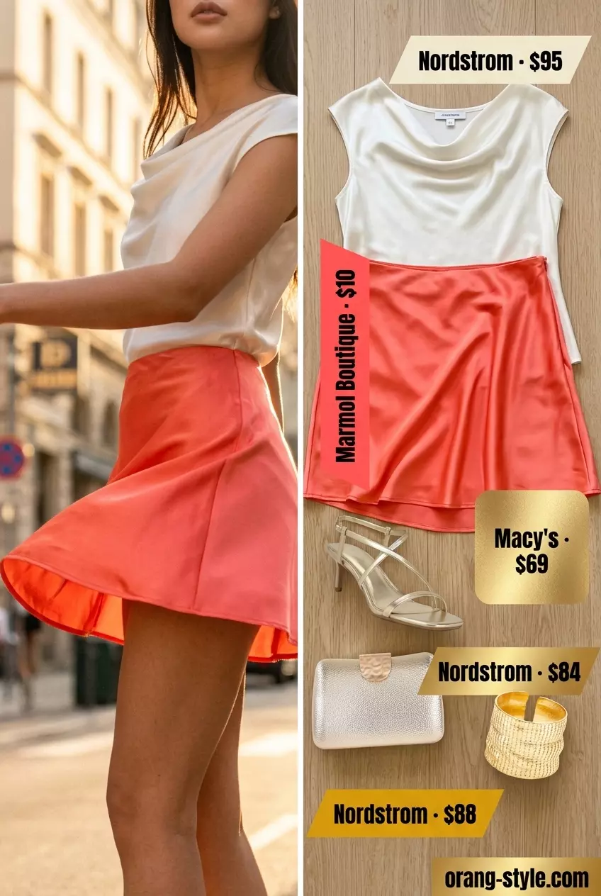 Vibrant coral bias cut mini skirt outfit for women 2026, with an ivory blouse and metallic heels.