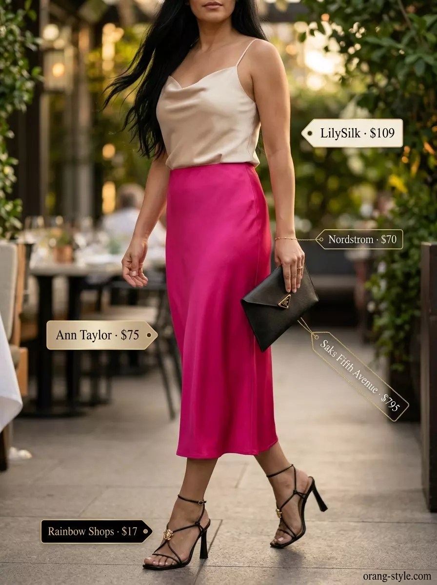 Elegant coral satin bias cut midi skirt outfit for women 2026, with a champagne camisole and strappy heels.