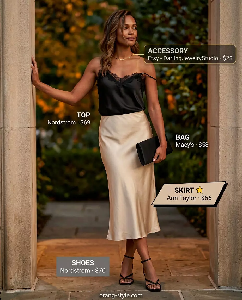 Elegant summer evening bias cut skirt outfit with champagne skirt, lace cami, strappy heels.