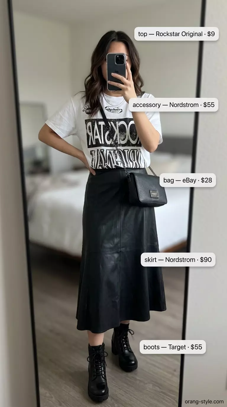 Edgy urban explorer bias cut skirt outfit with faux leather skirt, graphic tee, combat boots.