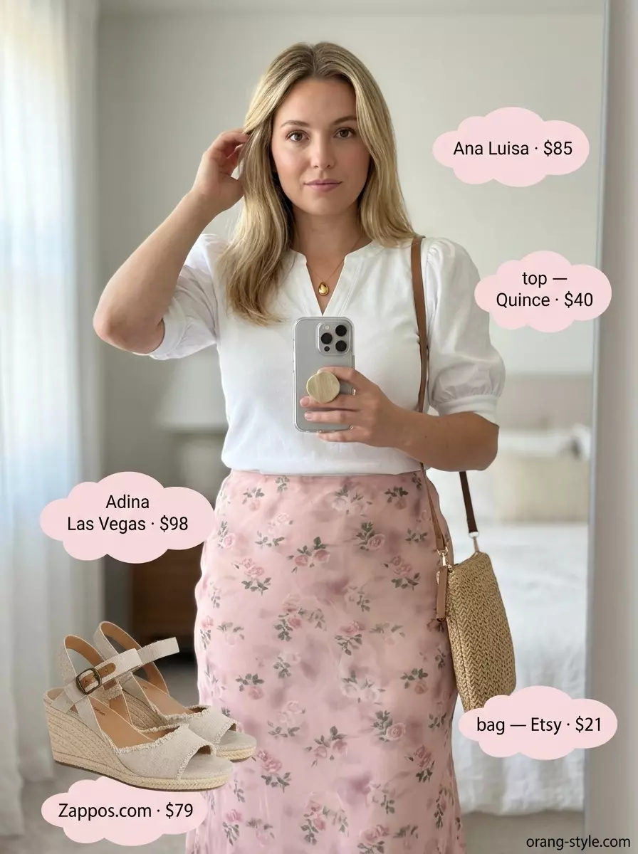 Romantic pastel floral bias cut midi skirt outfit for women 2026, with a white puff sleeve blouse and espadrilles.