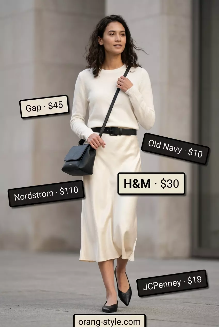 Monochrome minimalist bias cut skirt outfit with beige skirt, cream sweater, black accessories.