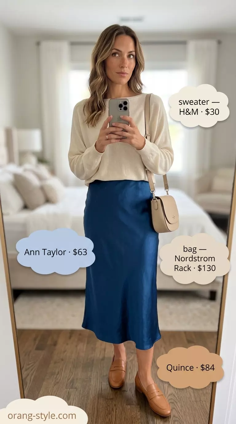 Modern preppy navy bias cut midi skirt outfit for women 2026, with a cream sweater and tan loafers.