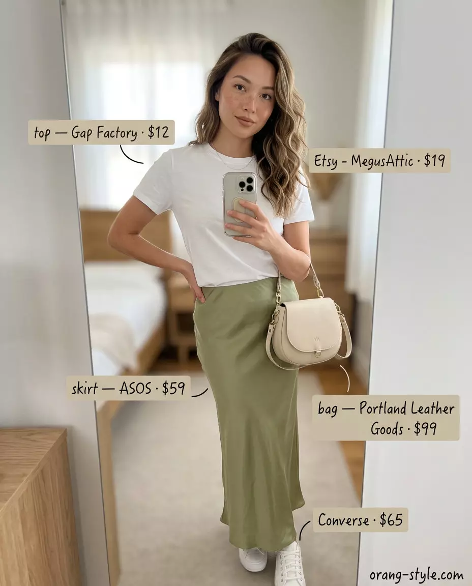 Casual cool olive green bias cut midi skirt outfit for women 2026, with a white tee and sneakers.