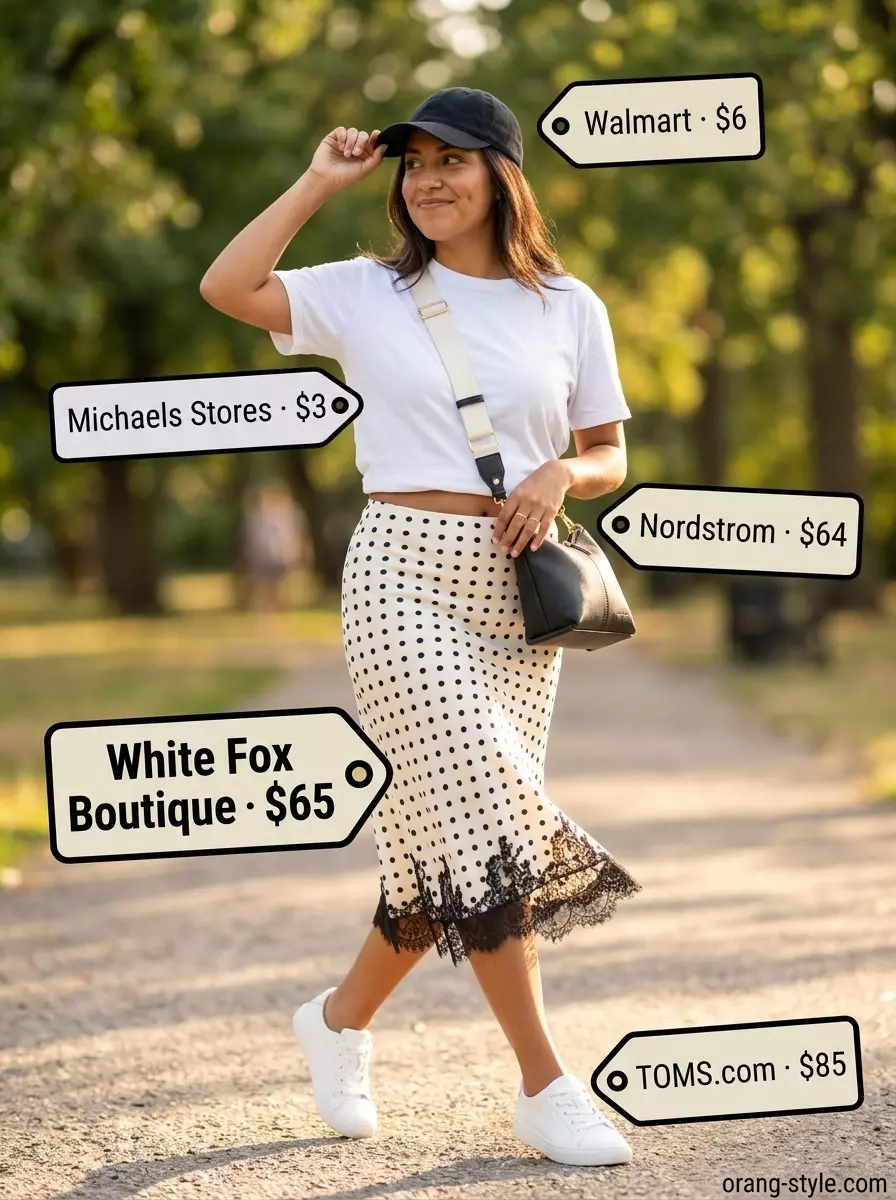 Casual summer bias cut skirt outfit with white tee, black polka dot skirt, cap, and sneakers.